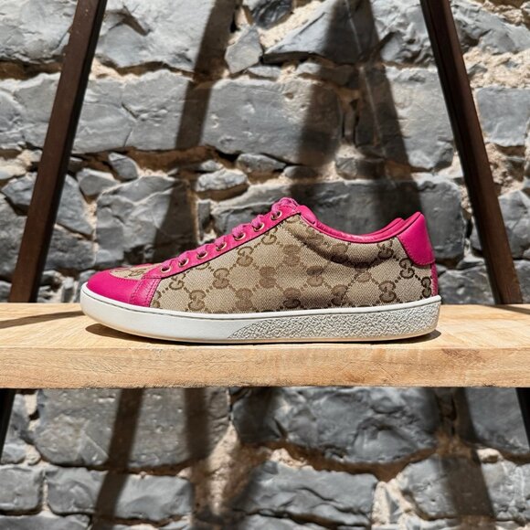 Gucci Beige GG Canvas Fuchsia Leather Brooklyn Low-top Sneakers - Picture 7 of 14